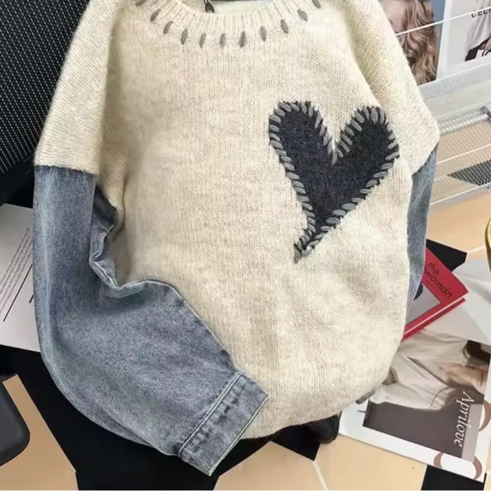 Heart Patchwork knit denim knit Sweater - Cream and Blue - Picture 2 of 4